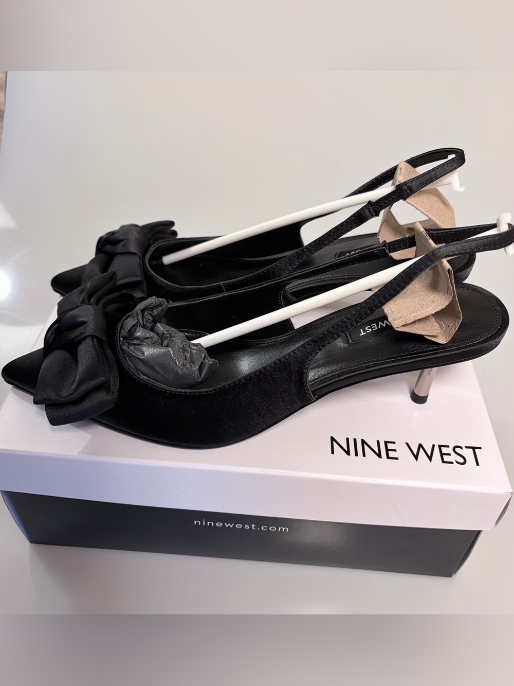 Nine West Black Satin Bow Slingback Kitten Heels